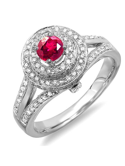 Dazzlingrock Collection 18K Ruby & White Diamond Halo Split Shank Vintage Engagement Ring, White Gold