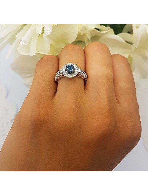 Dazzlingrock Collection 1.00 Carat (ctw) 10k Gold Round Blue & White Diamond Ladies Halo Bridal Engagement Ring Band Set