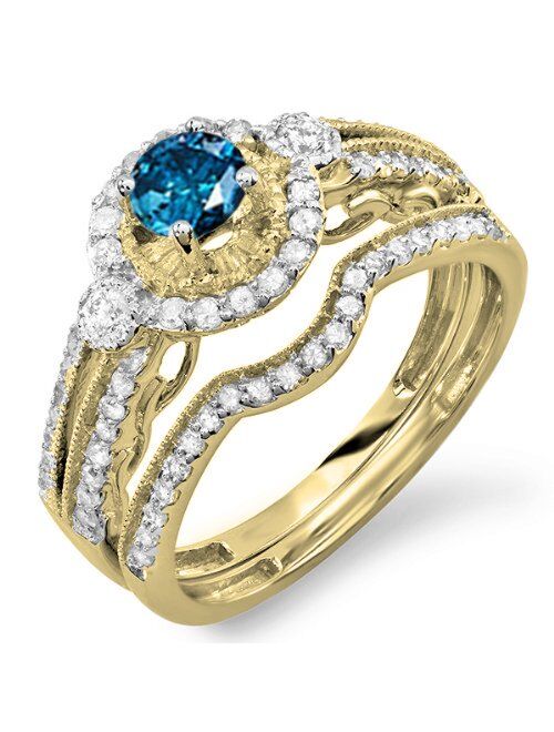 Dazzlingrock Collection 1.00 Carat (ctw) 10k Gold Round Blue & White Diamond Ladies Halo Bridal Engagement Ring Band Set