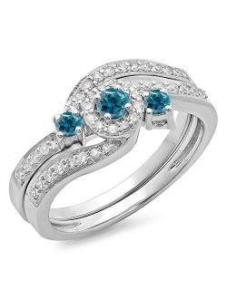Collection 0.65 Carat (ctw) 14K Gold Round Blue & White Diamond Twisted Swirl Bridal Halo Engagement Ring Band Set