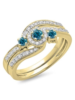 Collection 0.65 Carat (ctw) 14K Gold Round Blue & White Diamond Twisted Swirl Bridal Halo Engagement Ring Band Set