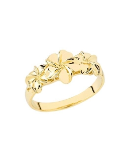 Flower Collection Certified 10k Gold Trio Hawaiian Plumeria Flower Ring