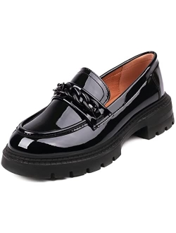 Masika British Style Women's Fashion Loafers, Patent Leather Tassel Loafers, Black Thick-Soled Loafers, Slip-on Thick-Soled Loafers, Simple Casual Flat Shoes, Plus Size S