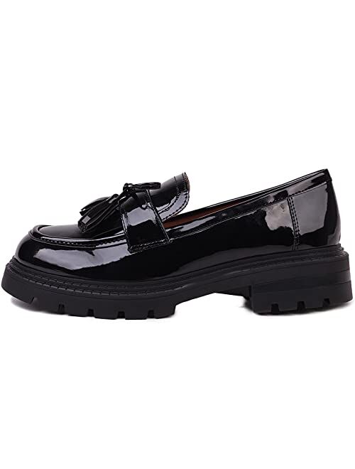 Masika British Style Women's Fashion Loafers, Patent Leather Tassel Loafers, Black Thick-Soled Loafers, Slip-on Thick-Soled Loafers, Simple Casual Flat Shoes, Plus Size S