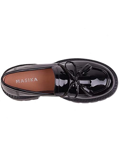 Masika British Style Women's Fashion Loafers, Patent Leather Tassel Loafers, Black Thick-Soled Loafers, Slip-on Thick-Soled Loafers, Simple Casual Flat Shoes, Plus Size S