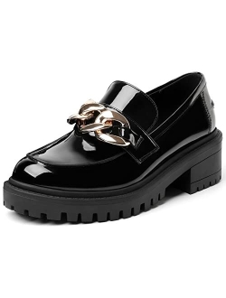 Mostrin Platform Loafers for Women with Chain Slip On Round Toe Chunky Loafer Shoes Penny Casual Lug Sole Business Shoes