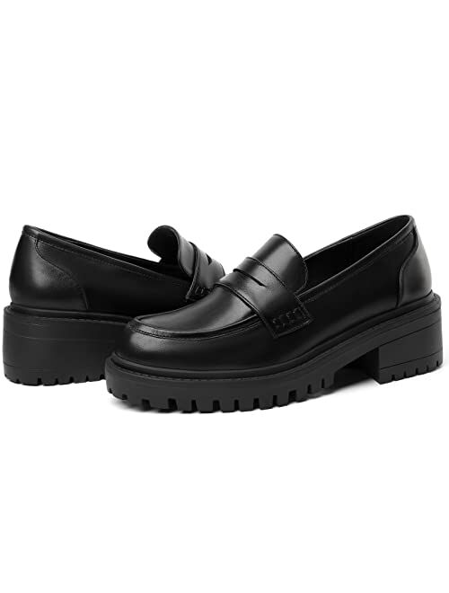 Mostrin Platform Loafers for Women with Chain Slip On Round Toe Chunky Loafer Shoes Penny Casual Lug Sole Business Shoes