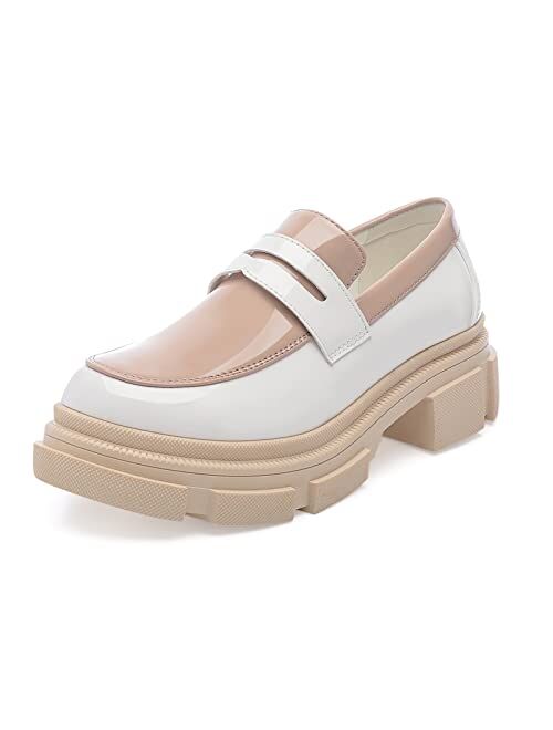 YETIER Platform Womens Loafer Leather Slip-ons Round Toe Chunky Loafer Shoes Penny Casual Fashion Shoes with Chain