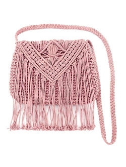 DIGOGO Womens Cotton Crochet Fringe Crossbody Shoulder Bag Bohemian Summer Beach Purse Handwoven Straw Bag