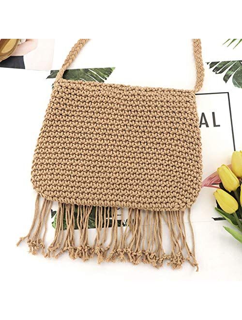 DIGOGO Womens Cotton Crochet Fringe Crossbody Shoulder Bag Bohemian Summer Beach Purse Handwoven Straw Bag