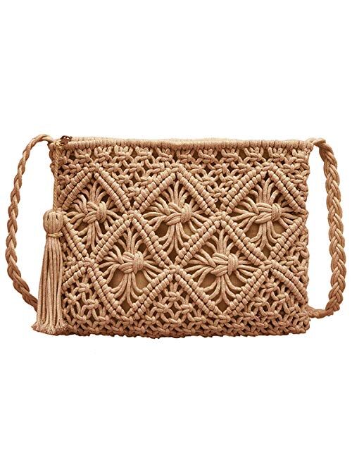 DIGOGO Womens Cotton Crochet Fringe Crossbody Shoulder Bag Bohemian Summer Beach Purse Handwoven Straw Bag