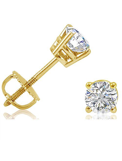 Amanda Rose Collection AGS Certified 1/2ct TW Round Real Diamond Stud Earrings for Women in 14K White Gold or Yellow Gold with Screw Backs|Natural Real Diamonds| Real 14K