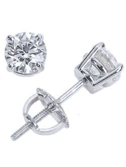 1/2 Carat Solitaire Diamond Stud Earrings Round Brilliant Shape 4 Prong Screw Back (H-I Color, I2 Clarity)