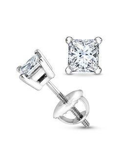 2/3 Carat Solitaire Diamond Stud Earrings Princess Cut 4 Prong Screw Back (I-J Color, I2 Clarity)