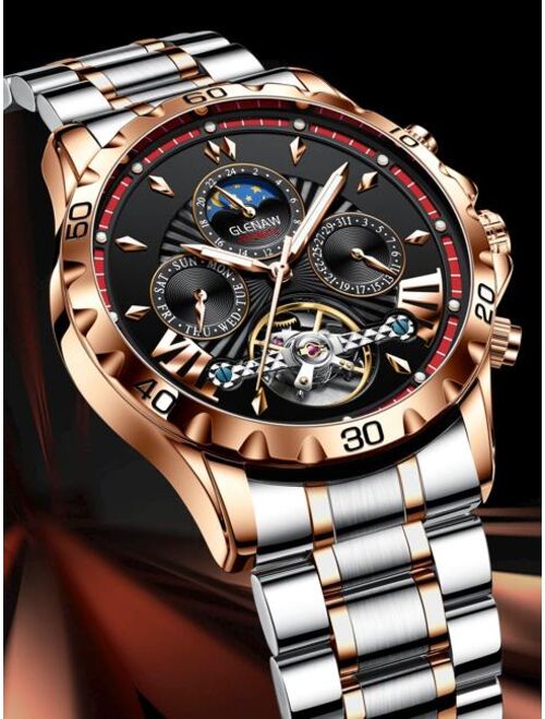 GLENAW Jewelry & Watches Men Triple Dial Mechanical Watch