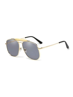 Unisex Large Designer Aviator Sunglasses Double Bridge Gold Metal Square Glasses