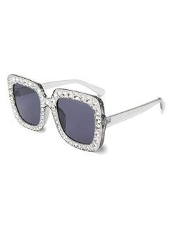 Large Jeweled Sunglasses for Women Crystal Bling Studded Oversized Square Frame