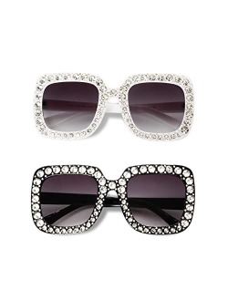 Large Jeweled Sunglasses for Women Crystal Bling Studded Oversized Square Frame