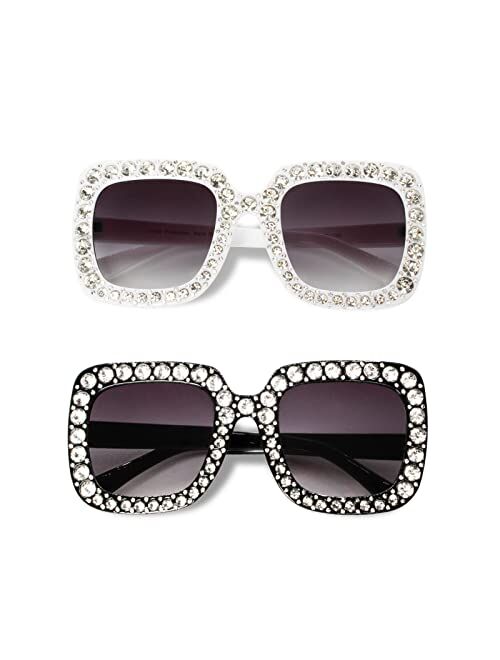 Freckles Mark Large Jeweled Sunglasses for Women Crystal Bling Studded Oversized Square Frame