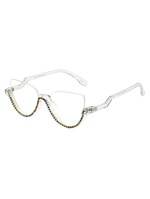 Freckles Mark Women Cateye Sunglasses Half Rimmed 60s Semi-cateye Semi Rimless Jeweled Frame