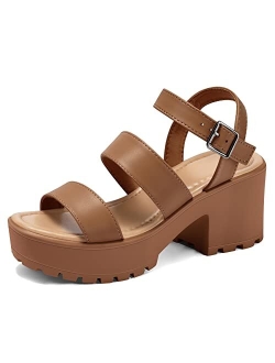 mysoft Women's Platform Sandals Ankle Strap Open Toe Lug Sole 3 Inch Chunky Block Heeled Sandals