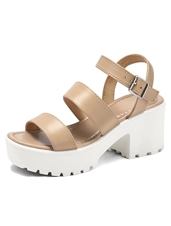 mysoft Women's Platform Sandals Ankle Strap Open Toe Lug Sole 3 Inch Chunky Block Heeled Sandals