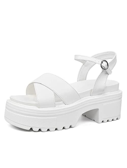 READYSALTED Casual Summer Patent Cross Band Chunky Platform Sandals Wedges for Women with Buckle Open Toe Ankle Strap (JULIETTE6)