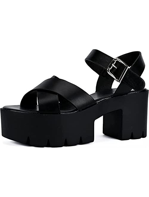 READYSALTED Womens Chunky Platform Sandals Open Toe Ankle Strap Block Heel Sandals with Adjustable Ankle Strap