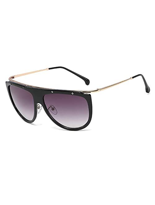 Freckles Mark Retro Inspired Flat Top Design Large Aviator Sunglasses for Women Shield Gradient Lens Gold Metal Frame