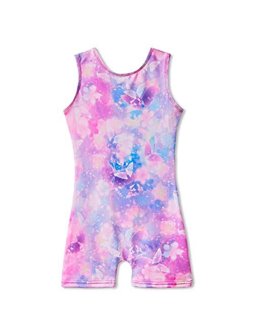 Myqff Leotards for Girls Gymnastics with Shorts Butterfly Unicorn Mermaid Dance Unitards Biketards Hotpink Black