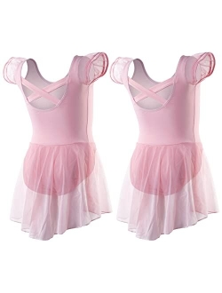 DIPUG Ballet Leotards for Girls Ballet Leotard with Skirt Toddler Dance Leotards Flutter Sleeve and Criss-Cross Back