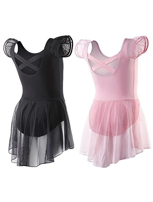 DIPUG Ballet Leotards for Girls Ballet Leotard with Skirt Toddler Dance Leotards Flutter Sleeve and Criss-Cross Back