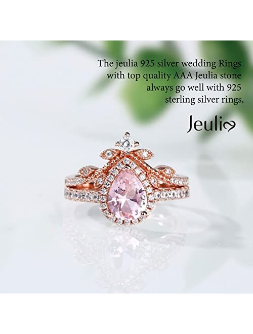 Jeulia Engagement Rings Sterling Silver Halo Pear Cut Synthetic Pear Shape Natural Pink Rose Gold Diamond Bridal Set Halo Art Deco Wedding band Anniversary Promise Jewelr