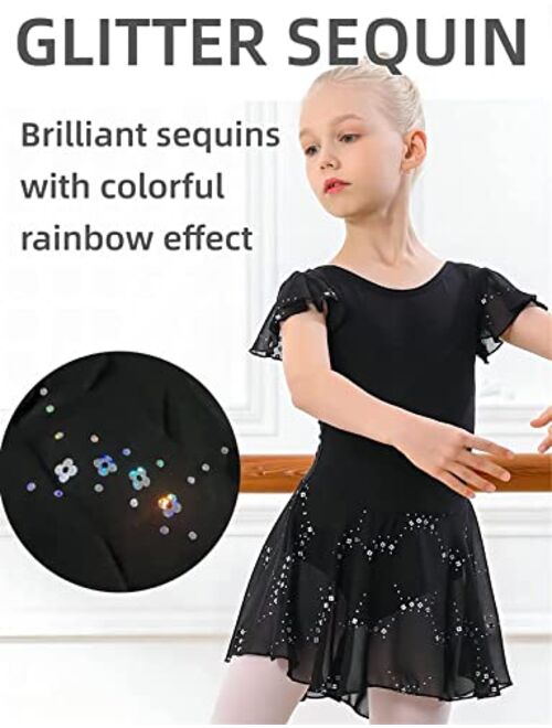 DIPUG Girls Ballet Leotard Toddler Hollow Back Shiny Skirt Ruffle Sleeve Ballerina Dance Dress