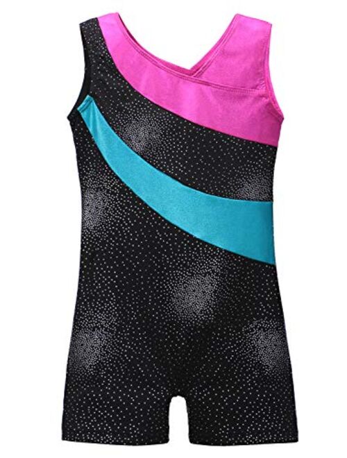 Belovance Leotards for Girls Gymnastics with Shorts Sparkle Butterfly Flowers Pattern Sleeveless Biketards Hotpink Black