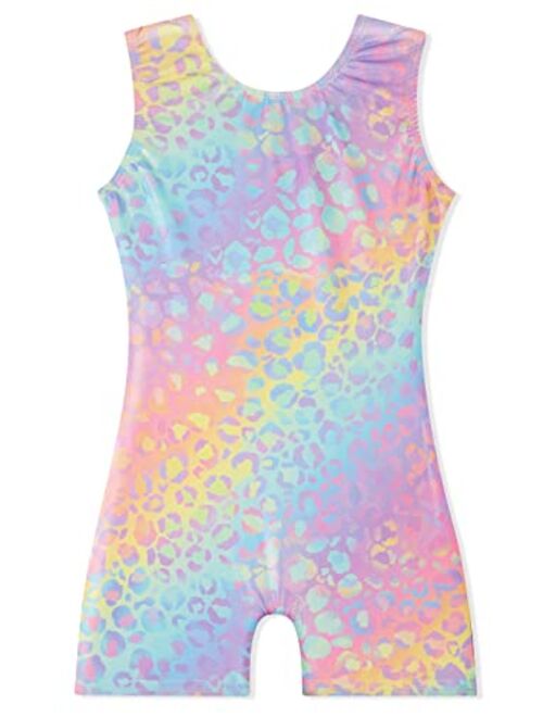 EQSJIU Gymnastics Leotards for Girls Kids Rainbow Mosaic Mermaid Butterfly Stars Leopard Galaxy Tie Dye Cosmos Leopard