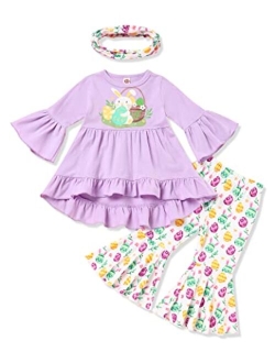 bilison Toddler Baby Girl Easter Outfit Sets Cute Long Sleeve Dress Top Bunny Floral Pants Girl Easter Clothes Sets