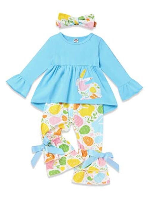 bilison Toddler Baby Girl Easter Outfit Sets Cute Long Sleeve Dress Top Bunny Floral Pants Girl Easter Clothes Sets