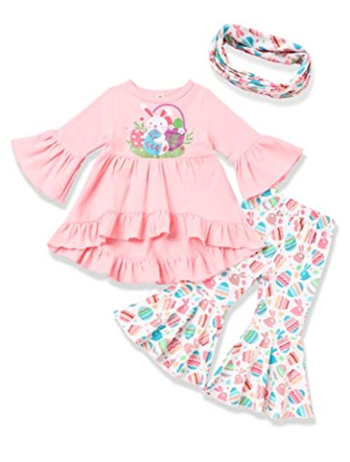 bilison Toddler Baby Girl Easter Outfit Sets Cute Long Sleeve Dress Top Bunny Floral Pants Girl Easter Clothes Sets