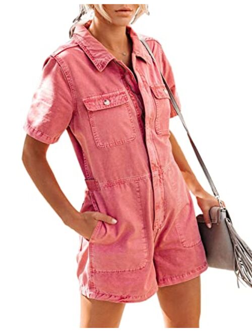 COWOKA Women's Casual Distressed Zip Short Sleeve Denim Jean Vintage Loose Jumpsuit Romper Shorts