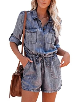 Paintcolors Women's Long Sleeve Button Down Pockets Belted Washed Denim Jumpsuits Rompers