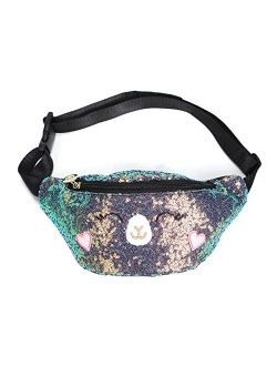 Eilova Orityle Waist Bag Glitter Sequin Girls Fanny Pack Adjustable Belt Cute Cat Sport Travel Bum Purse for Kids Teens