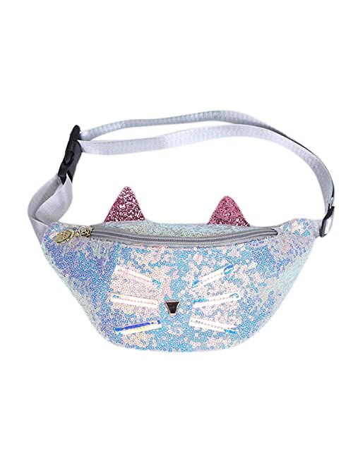 Eilova Orityle Waist Bag Glitter Sequin Girls Fanny Pack Adjustable Belt Cute Cat Sport Travel Bum Purse for Kids Teens