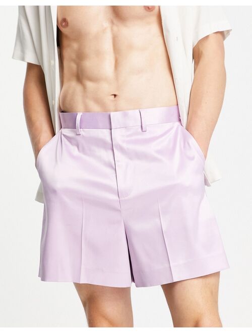 ASOS DESIGN cropped bermuda smart shorts in oil purple satin