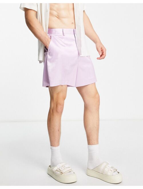 ASOS DESIGN cropped bermuda smart shorts in oil purple satin