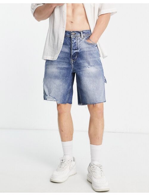 River Island patched workwear shorts in blue