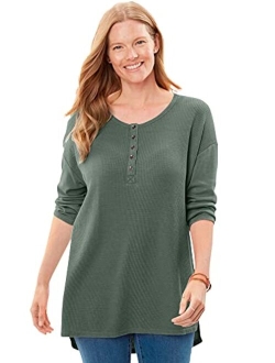 Women's Plus Size Washed Thermal Waffle High-Low Henley Tunic