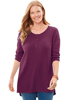 Women's Plus Size Washed Thermal Waffle High-Low Henley Tunic