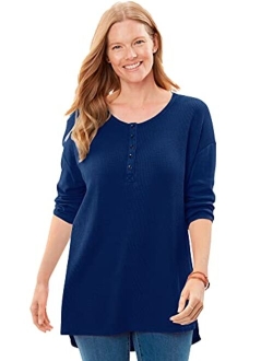 Women's Plus Size Washed Thermal Waffle High-Low Henley Tunic