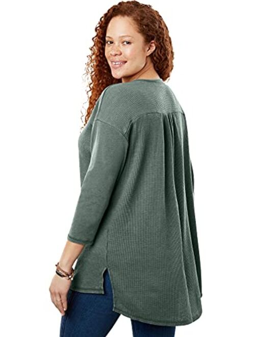 Woman Within Women's Plus Size Washed Thermal Waffle High-Low Henley Tunic